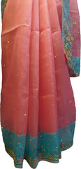 SMSAREE Pink & Turquoise Designer Wedding Partywear Organza Stone Thread & Beads Hand Embroidery Work Bridal Saree Sari With Blouse Piece F098