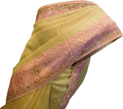 SMSAREE Yellow & Pink Designer Wedding Partywear Organza Stone Thread & Beads Hand Embroidery Work Bridal Saree Sari With Blouse Piece F099