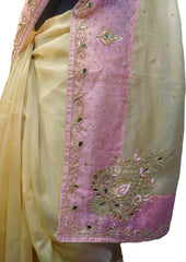 SMSAREE Yellow & Pink Designer Wedding Partywear Organza Stone Thread & Beads Hand Embroidery Work Bridal Saree Sari With Blouse Piece F099