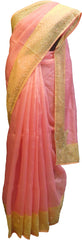 SMSAREE Pink & Yellow Designer Wedding Partywear Organza Stone Thread & Beads Hand Embroidery Work Bridal Saree Sari With Blouse Piece F100