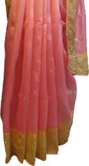 SMSAREE Pink & Yellow Designer Wedding Partywear Organza Stone Thread & Beads Hand Embroidery Work Bridal Saree Sari With Blouse Piece F100