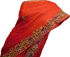 SMSAREE Red Designer Wedding Partywear Crepe (Chinon) Cutdana Thread & Stone Hand Embroidery Work Bridal Saree Sari With Blouse Piece F101