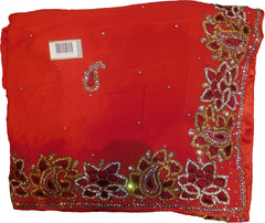SMSAREE Red Designer Wedding Partywear Crepe (Chinon) Cutdana Thread & Stone Hand Embroidery Work Bridal Saree Sari With Blouse Piece F101