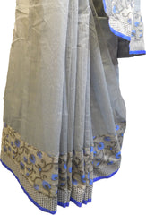 SMSAREE Grey With Blue Taping Designer Wedding Partywear Supernet (Cotton) Thread & Pearl Hand Embroidery Work Bridal Saree Sari With Blouse Piece F102