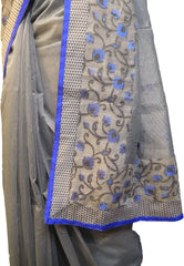 SMSAREE Grey With Blue Taping Designer Wedding Partywear Supernet (Cotton) Thread & Pearl Hand Embroidery Work Bridal Saree Sari With Blouse Piece F102