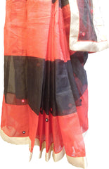 SMSAREE Red & Black Designer Wedding Partywear Supernet (Cotton) Thread & Pearl Hand Embroidery Work Bridal Saree Sari With Blouse Piece F104