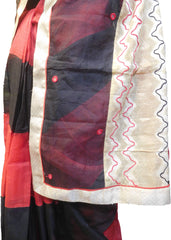 SMSAREE Red & Black Designer Wedding Partywear Supernet (Cotton) Thread & Pearl Hand Embroidery Work Bridal Saree Sari With Blouse Piece F104