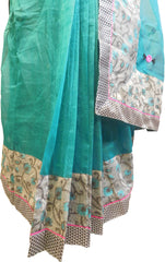 SMSAREE Turquoise Designer Wedding Partywear Supernet (Cotton) Thread & Pearl Hand Embroidery Work Bridal Saree Sari With Blouse Piece F105