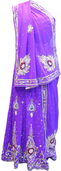 SMSAREE Purple Designer Wedding Partywear Georgette Cutdana Zari Beads & Stone Hand Embroidery Work Bridal Lahenga Dupatta Ghaghra Choli Bari Ki Til With Blouse Piece F116