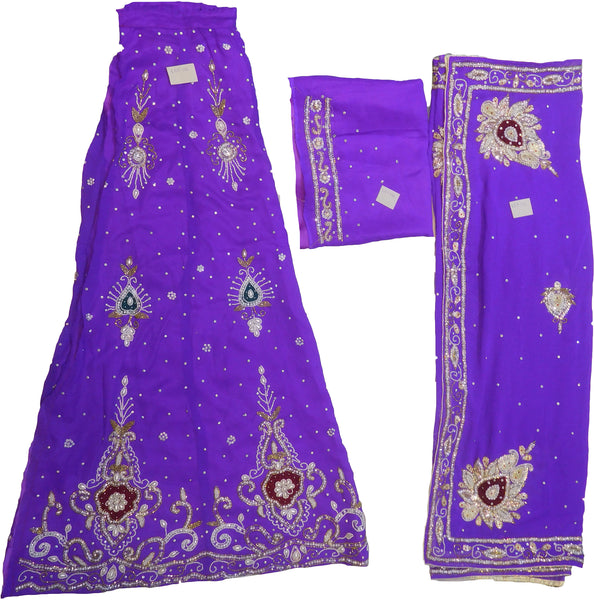 SMSAREE Purple Designer Wedding Partywear Georgette Cutdana Zari Beads & Stone Hand Embroidery Work Bridal Lahenga Dupatta Ghaghra Choli Bari Ki Til With Blouse Piece F116