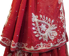 SMSAREE Red Designer Wedding Partywear Georgette Cutdana Zari Beads & Stone Hand Embroidery Work Bridal Lahenga Dupatta Ghaghra Choli Bari Ki Til With Blouse Piece F117
