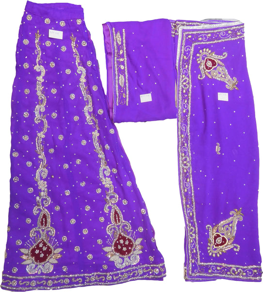 SMSAREE Purple Designer Wedding Partywear Georgette Cutdana Zari Beads & Stone Hand Embroidery Work Bridal Lahenga Dupatta Ghaghra Choli Bari Ki Til With Blouse Piece F118