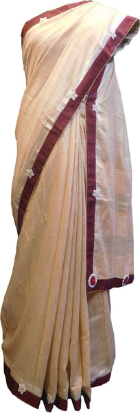 SMSAREE Beige Designer Wedding Partywear Handloom Linen Thread & Zari Hand Embroidery Work Bridal Saree Sari With Blouse Piece F122
