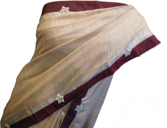 SMSAREE Beige Designer Wedding Partywear Handloom Linen Thread & Zari Hand Embroidery Work Bridal Saree Sari With Blouse Piece F122