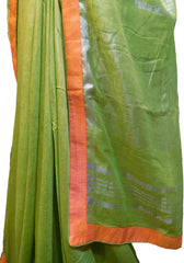 SMSAREE Green Designer Wedding Partywear Handloom Linen Thread & Zari Hand Embroidery Work Bridal Saree Sari With Blouse Piece F129