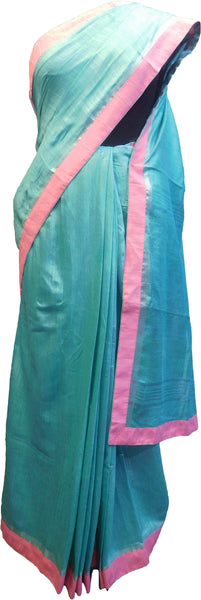 SMSAREE Turquoise Designer Wedding Partywear Handloom Linen Thread & Zari Hand Embroidery Work Bridal Saree Sari With Blouse Piece F131