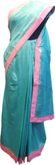 SMSAREE Turquoise Designer Wedding Partywear Handloom Linen Thread & Zari Hand Embroidery Work Bridal Saree Sari With Blouse Piece F131