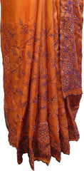 SMSAREE Orange Designer Wedding Partywear Silk Thread Pearl & Stone Hand Embroidery Work Bridal Saree Sari With Blouse Piece F133