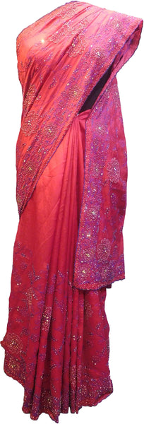 SMSAREE Red Designer Wedding Partywear Silk Thread Pearl & Stone Hand Embroidery Work Bridal Saree Sari With Blouse Piece F134