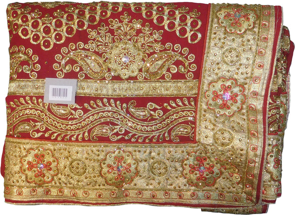 SMSAREE Red Designer Wedding Partywear Georgette Cutdana Zari Thread & Stone Hand Embroidery Work Bridal Saree Sari With Blouse Piece F137