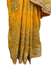 SMSAREE Yellow Designer Wedding Partywear Georgette Cutdana Zari Thread & Stone Hand Embroidery Work Bridal Saree Sari With Blouse Piece F138