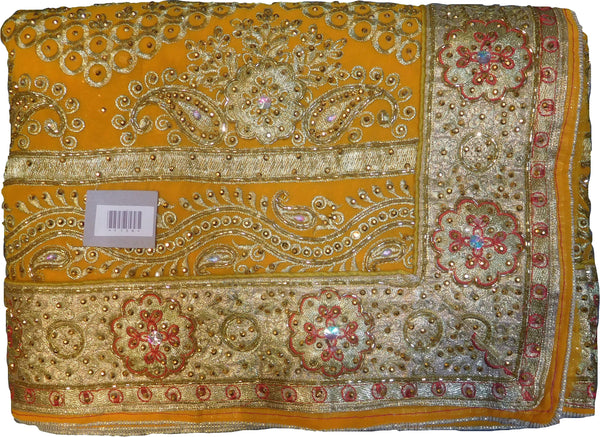 SMSAREE Yellow Designer Wedding Partywear Georgette Cutdana Zari Thread & Stone Hand Embroidery Work Bridal Saree Sari With Blouse Piece F138