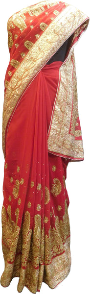 SMSAREE Red Designer Wedding Partywear Georgette Cutdana Zari Thread & Stone Hand Embroidery Work Bridal Saree Sari With Blouse Piece F139