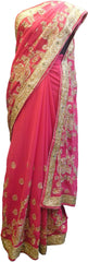 SMSAREE Pink Designer Wedding Partywear Georgette Cutdana Zari Thread & Stone Hand Embroidery Work Bridal Saree Sari With Blouse Piece F140