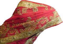 SMSAREE Pink Designer Wedding Partywear Georgette Cutdana Zari Thread & Stone Hand Embroidery Work Bridal Saree Sari With Blouse Piece F140