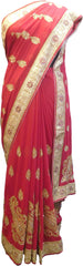 SMSAREE Red Designer Wedding Partywear Georgette Cutdana Zari Thread & Stone Hand Embroidery Work Bridal Saree Sari With Blouse Piece F142