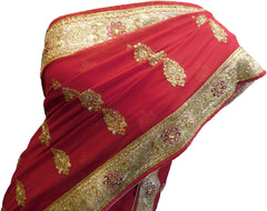SMSAREE Red Designer Wedding Partywear Georgette Cutdana Zari Thread & Stone Hand Embroidery Work Bridal Saree Sari With Blouse Piece F142