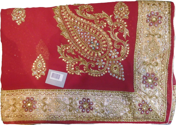 SMSAREE Red Designer Wedding Partywear Georgette Cutdana Zari Thread & Stone Hand Embroidery Work Bridal Saree Sari With Blouse Piece F142