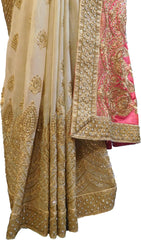 SMSAREE Pink & Cream Designer Wedding Partywear Georgette Cutdana Zari Thread & Stone Hand Embroidery Work Bridal Saree Sari With Blouse Piece F143