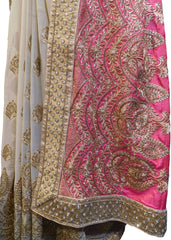 SMSAREE Pink & Cream Designer Wedding Partywear Georgette Cutdana Zari Thread & Stone Hand Embroidery Work Bridal Saree Sari With Blouse Piece F143