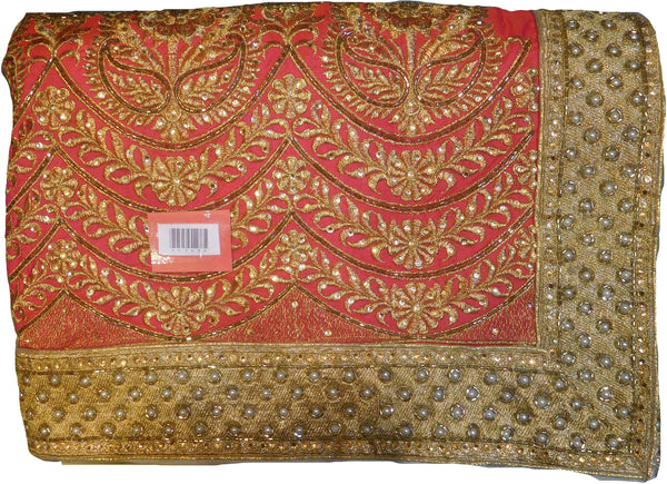 SMSAREE Pink & Cream Designer Wedding Partywear Georgette Cutdana Zari Thread & Stone Hand Embroidery Work Bridal Saree Sari With Blouse Piece F143