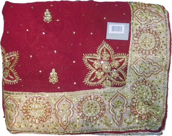 SMSAREE Red & Yellow Designer Wedding Partywear Georgette Cutdana Zari Thread & Stone Hand Embroidery Work Bridal Saree Sari With Blouse Piece F146