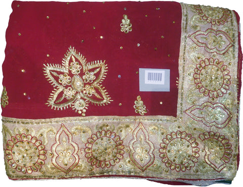SMSAREE Red & Green Designer Wedding Partywear Georgette Cutdana Zari Thread & Stone Hand Embroidery Work Bridal Saree Sari With Blouse Piece F147