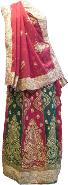 SMSAREE Red & Green Designer Wedding Partywear Georgette Cutdana Zari Thread & Stone Hand Embroidery Work Bridal Saree Sari With Blouse Piece F149