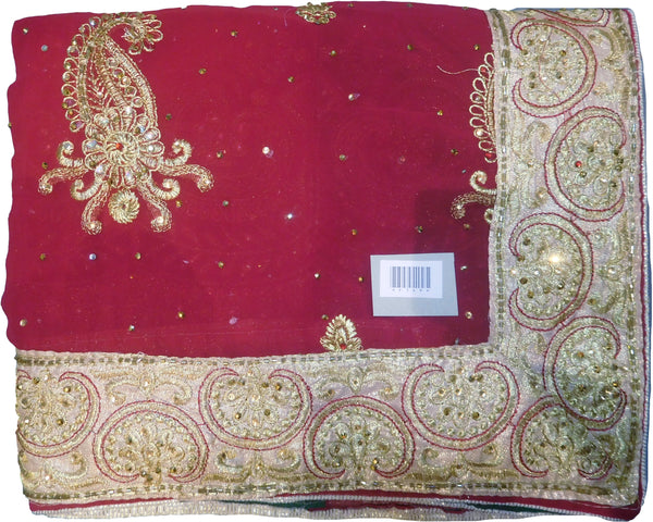 SMSAREE Red & Green Designer Wedding Partywear Georgette Cutdana Zari Thread & Stone Hand Embroidery Work Bridal Saree Sari With Blouse Piece F149