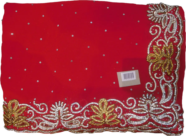 SMSAREE Red Designer Wedding Partywear Georgette Bullion Cutdana & Stone Hand Embroidery Work Bridal Saree Sari With Blouse Piece F150