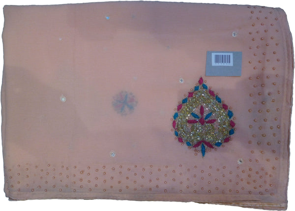 SMSAREE Peach Designer Wedding Partywear Crepe (Chinon) Pearl Cutdana Thread & Stone Hand Embroidery Work Bridal Saree Sari With Blouse Piece F151