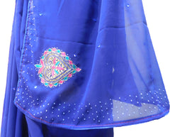 SMSAREE Blue Designer Wedding Partywear Crepe (Chinon) Pearl Cutdana Thread & Stone Hand Embroidery Work Bridal Saree Sari With Blouse Piece F152