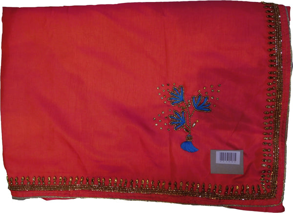 SMSAREE Red Designer Wedding Partywear Silk Beads Cutdana Thread & Stone Hand Embroidery Work Bridal Saree Sari With Blouse Piece F153