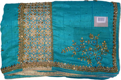SMSAREE Turquoise Designer Wedding Partywear Silk Beads Cutdana Thread & Stone Hand Embroidery Work Bridal Saree Sari With Blouse Piece F155