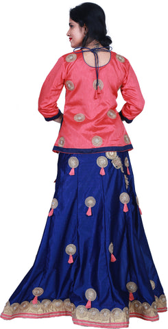 SMSAREE Pink & Blue Designer Casual Partywear Silk Thread Stone Beads Cutdana & Zari Hand Embroidery Work Stylish Women Kurti Kurta With Lahenga (Skirt) F159