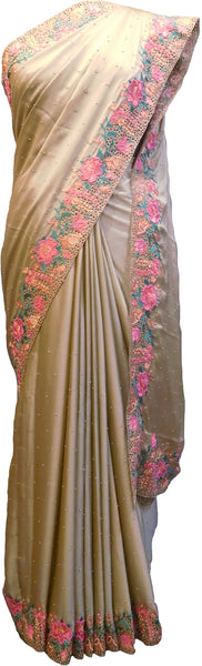 SMSAREE Beige Designer Wedding Partywear Rangoli (Crepe) Pearl Thread & Stone Hand Embroidery Work Bridal Saree Sari With Blouse Piece F162