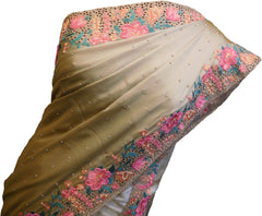 SMSAREE Beige Designer Wedding Partywear Rangoli (Crepe) Pearl Thread & Stone Hand Embroidery Work Bridal Saree Sari With Blouse Piece F162