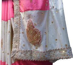 SMSAREE Pink & Cream Designer Wedding Partywear Silk Zari Thread & Stone Hand Embroidery Work Bridal Saree Sari With Blouse Piece F163
