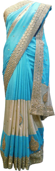 SMSAREE Blue & Cream Designer Wedding Partywear Silk Zari Thread & Stone Hand Embroidery Work Bridal Saree Sari With Blouse Piece F164