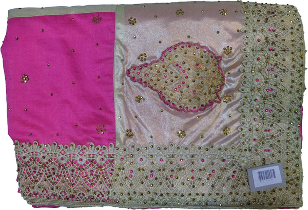 SMSAREE Pink & Cream Designer Wedding Partywear Silk Zari Thread & Stone Hand Embroidery Work Bridal Saree Sari With Blouse Piece F165